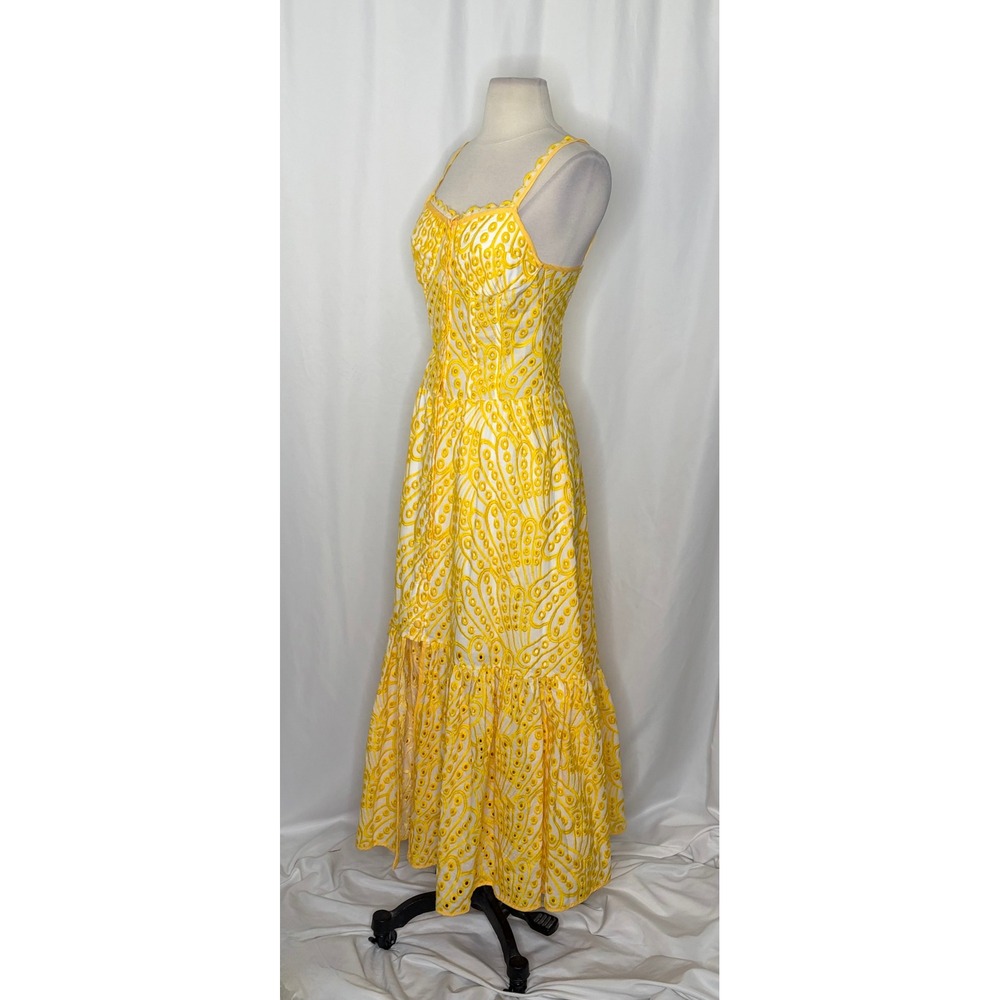 JARDINVUE Lace Buttoned Ruffle Hem Cami Midi Dress Yellow Embroidered X-Small - Picture 6 of 15